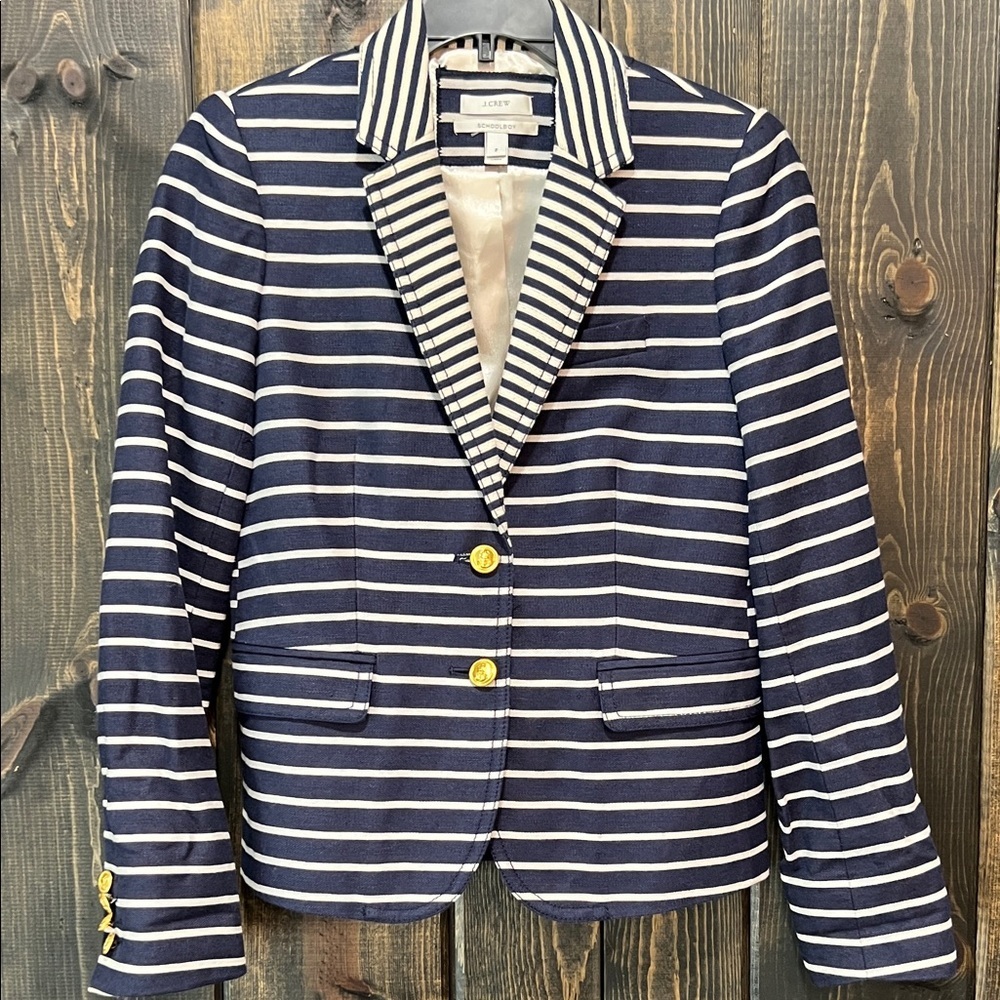 J. Crew Navy Schoolboy Blazer 2 Mixed Stripes Gold Linen Cotton Preppy Academia